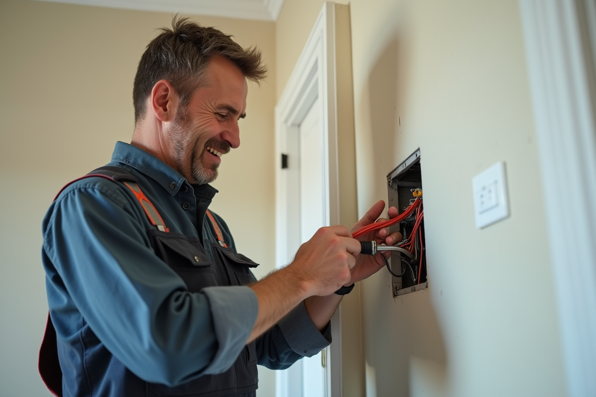 Électricien homme en travail appliquant une gaine électrique