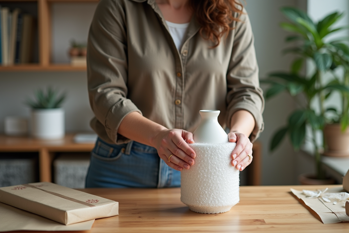 Femme emballant un vase en céramique avec soin