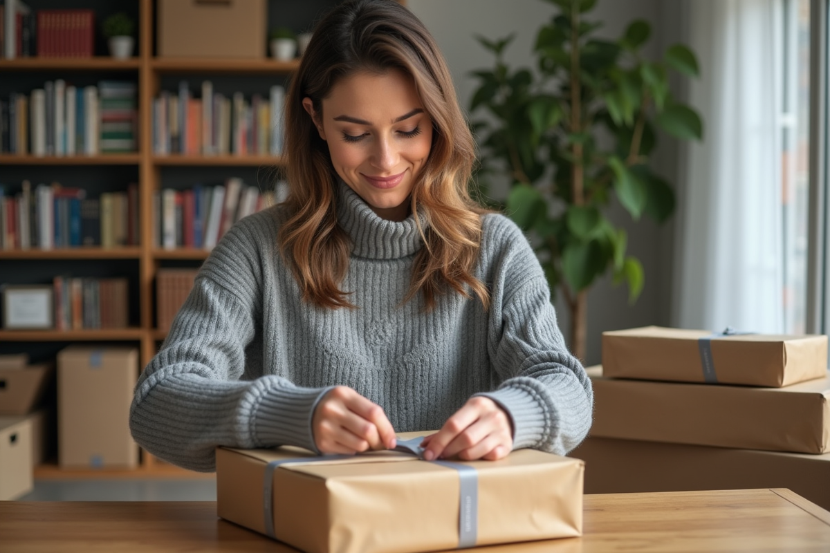 Femme emballant des livres dans une salle lumineuse