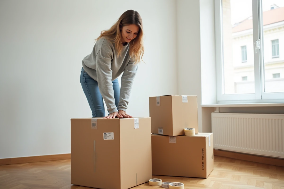 Jeune femme organisant des cartons lors d'un emménagement dans un appartement vide au parquet en bois