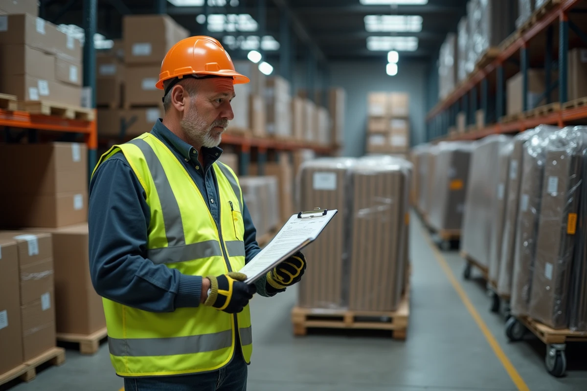 Entrepôt logistique de location de mobilier événementiel avec tables pliantes empilées et chaises conditionnées prêtes à la livraison