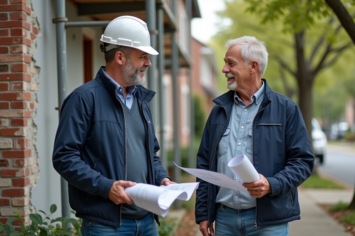 Chef de chantier discutant devant maison en rénovation