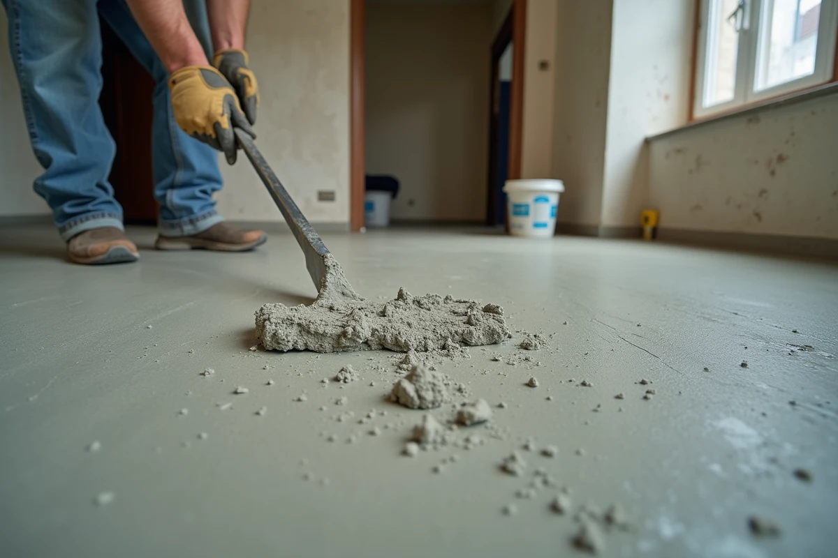 Étalement d'une chape maigre fraîchement coulée sur un sol de chantier avec une règle en acier