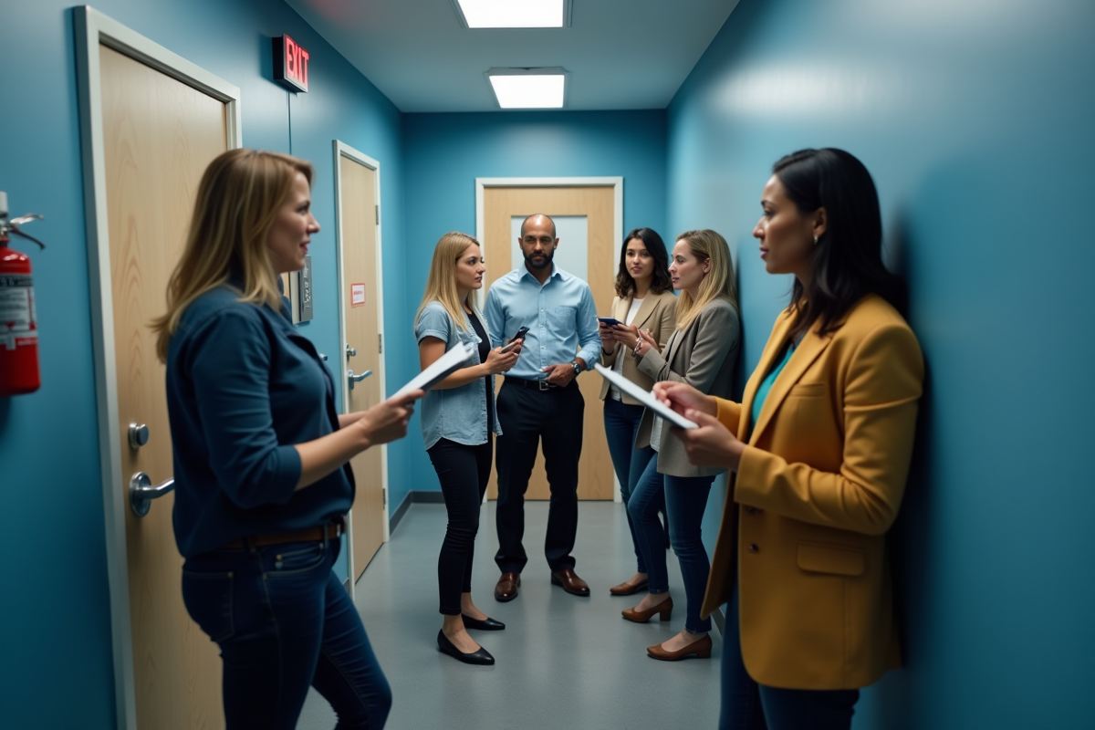 Groupe de collègues participant à un exercice incendie