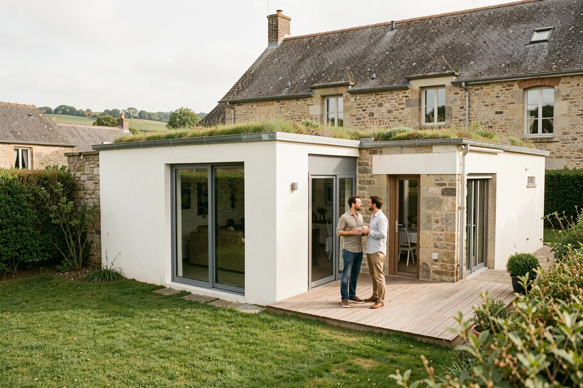 Extension moderne de 40 m2 avec toit végétalisé et grandes baies vitrées accolée à une maison en pierre traditionnelle française avec couple sur terrasse