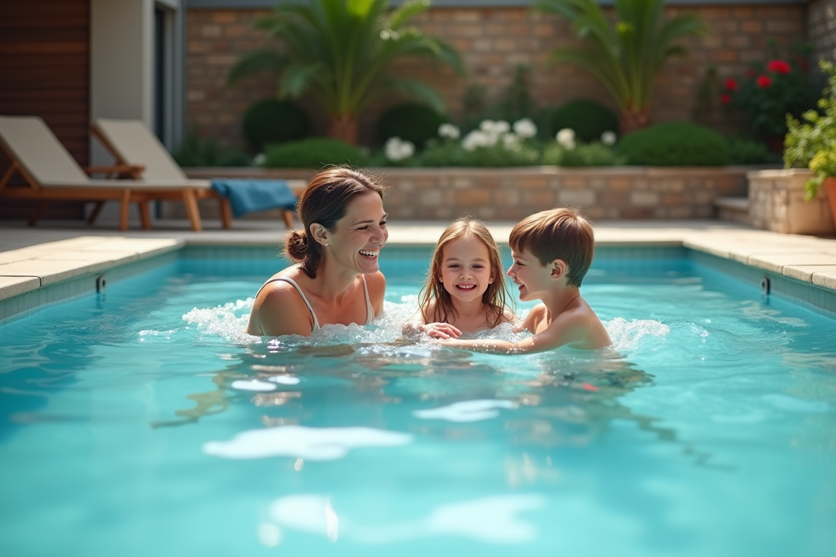 Famille avec enfants jouant dans la piscine en été