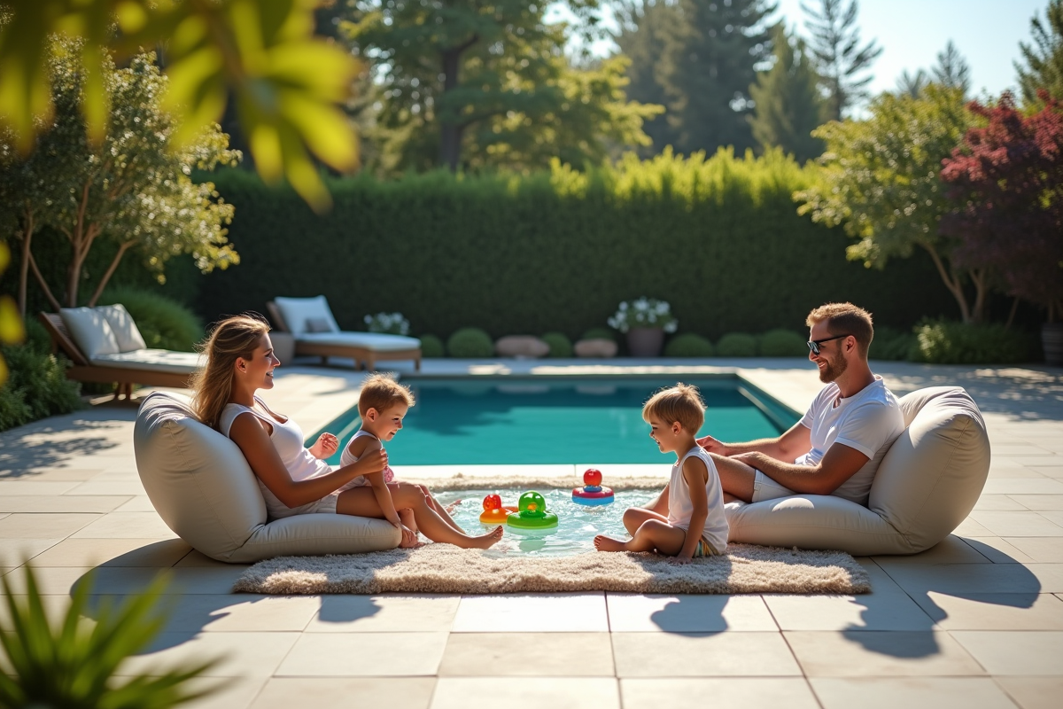 Famille avec enfants autour d'une piscine en été
