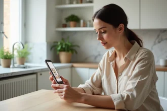 Femme utilisant une application de décoration intérieure sur smartphone dans une cuisine scandinave moderne