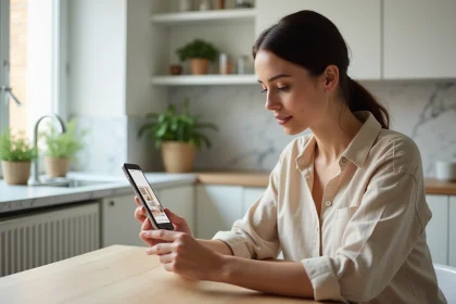 Femme utilisant une application de décoration intérieure sur smartphone dans une cuisine scandinave moderne