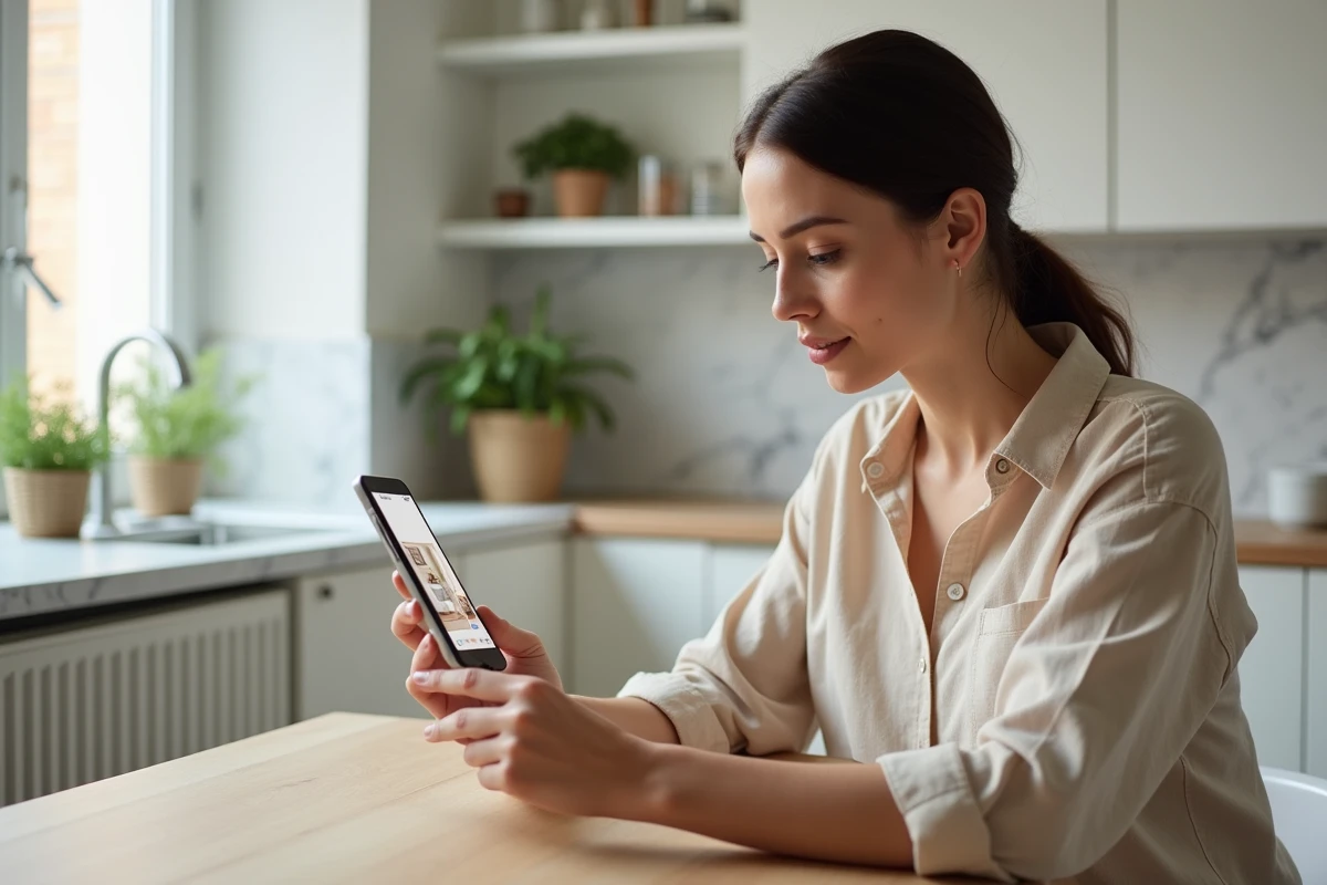 Femme utilisant une application de décoration intérieure sur smartphone dans une cuisine scandinave moderne