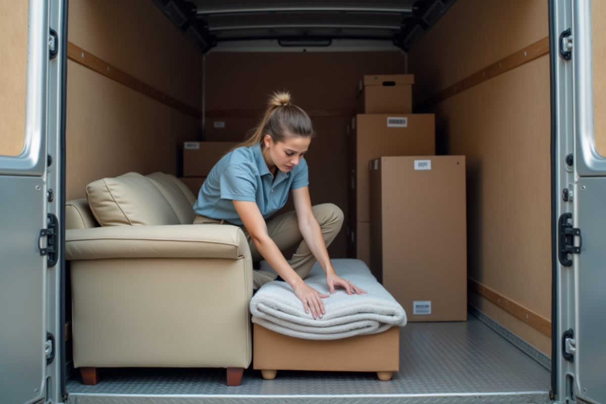 Femme fixant des matelas dans un camion de déménagement