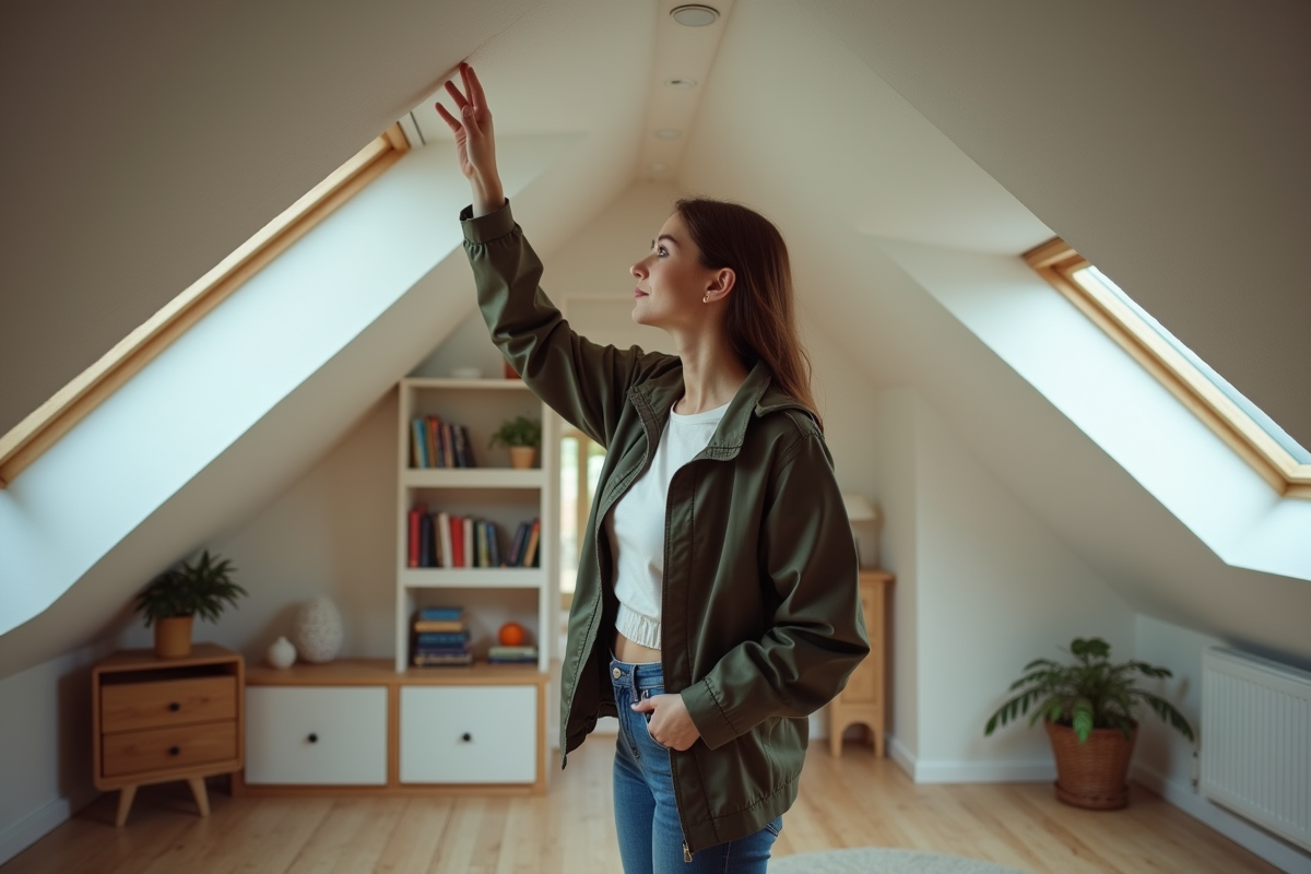 Jeune femme dans un grenier examinant un plafond avec une tache d