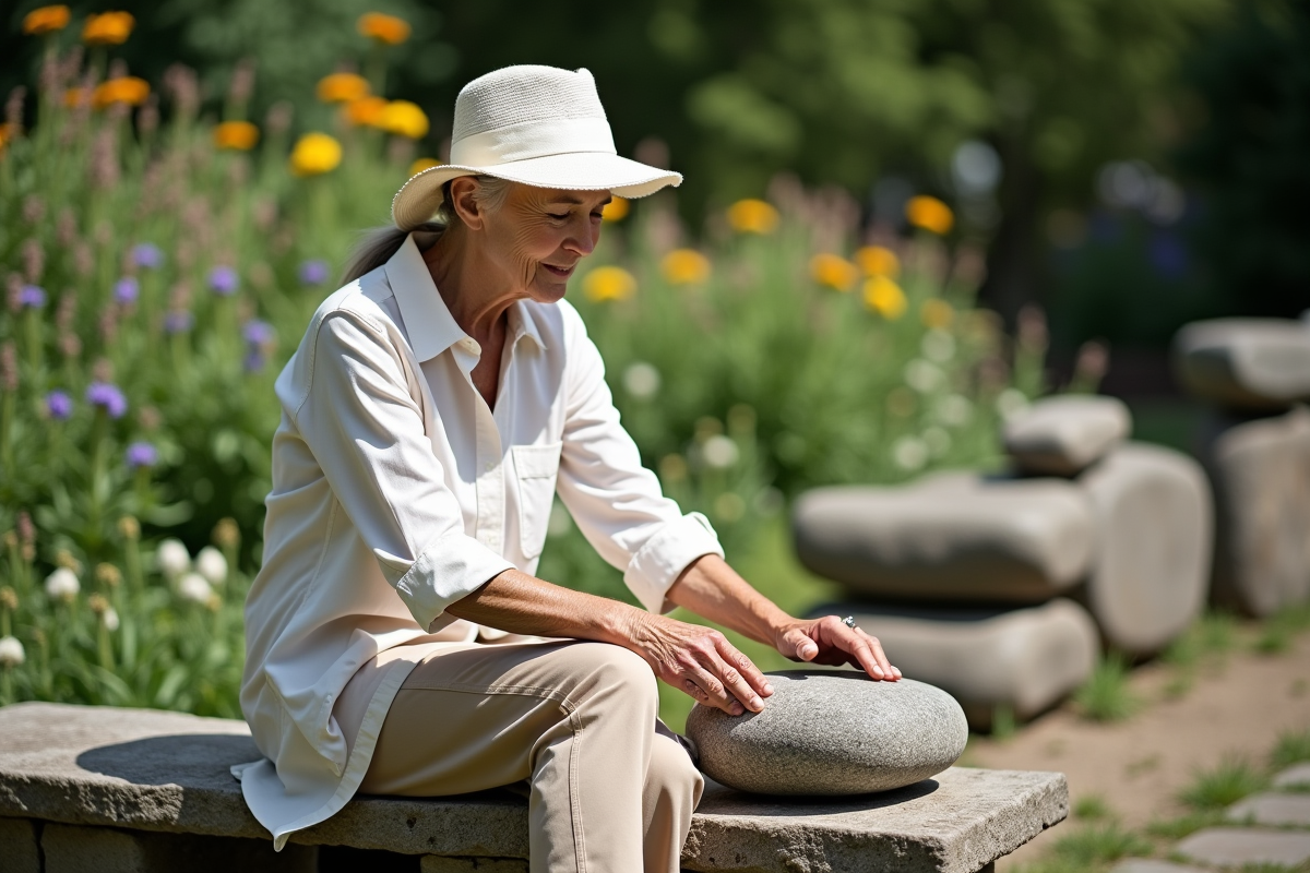 Femme âgée touchant une pierre dans un jardin botanique