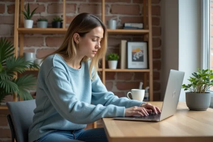 Femme travaillant sur un ordinateur dans un bureau scandinave