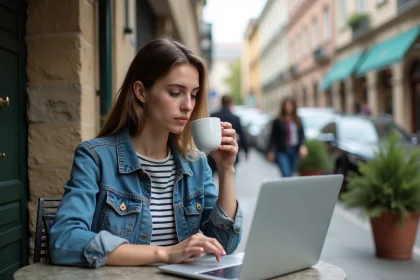 Jeune femme au café comparant des services locaux