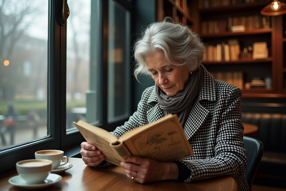 Femme âgée dans un café lisant un livre sur l