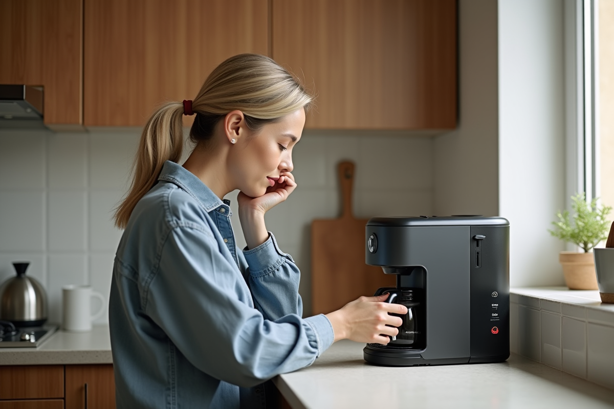 Femme regardant un cafetière moderne en cuisine