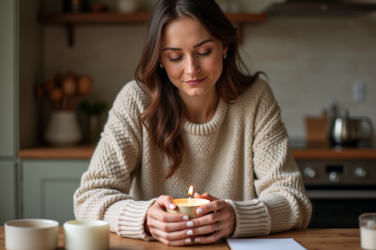 Femme examinant une bougie artisanale dans la cuisine