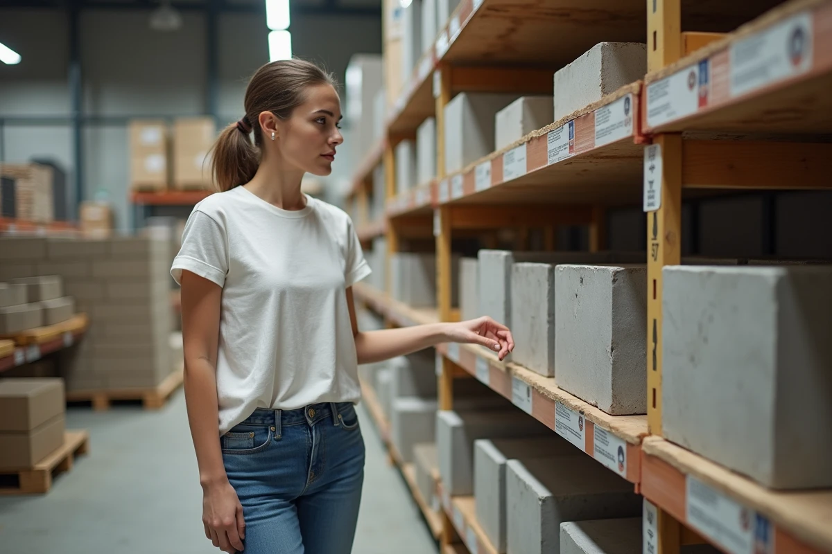 Jeune femme choisissant des parpaings en magasin