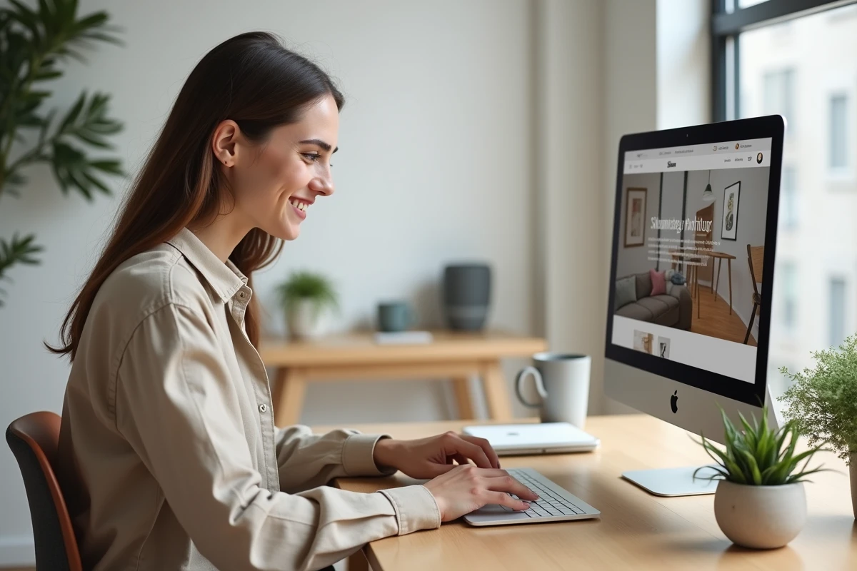 Jeune femme utilisant un code promo Sklum sur son ordinateur portable dans un intérieur moderne et minimaliste