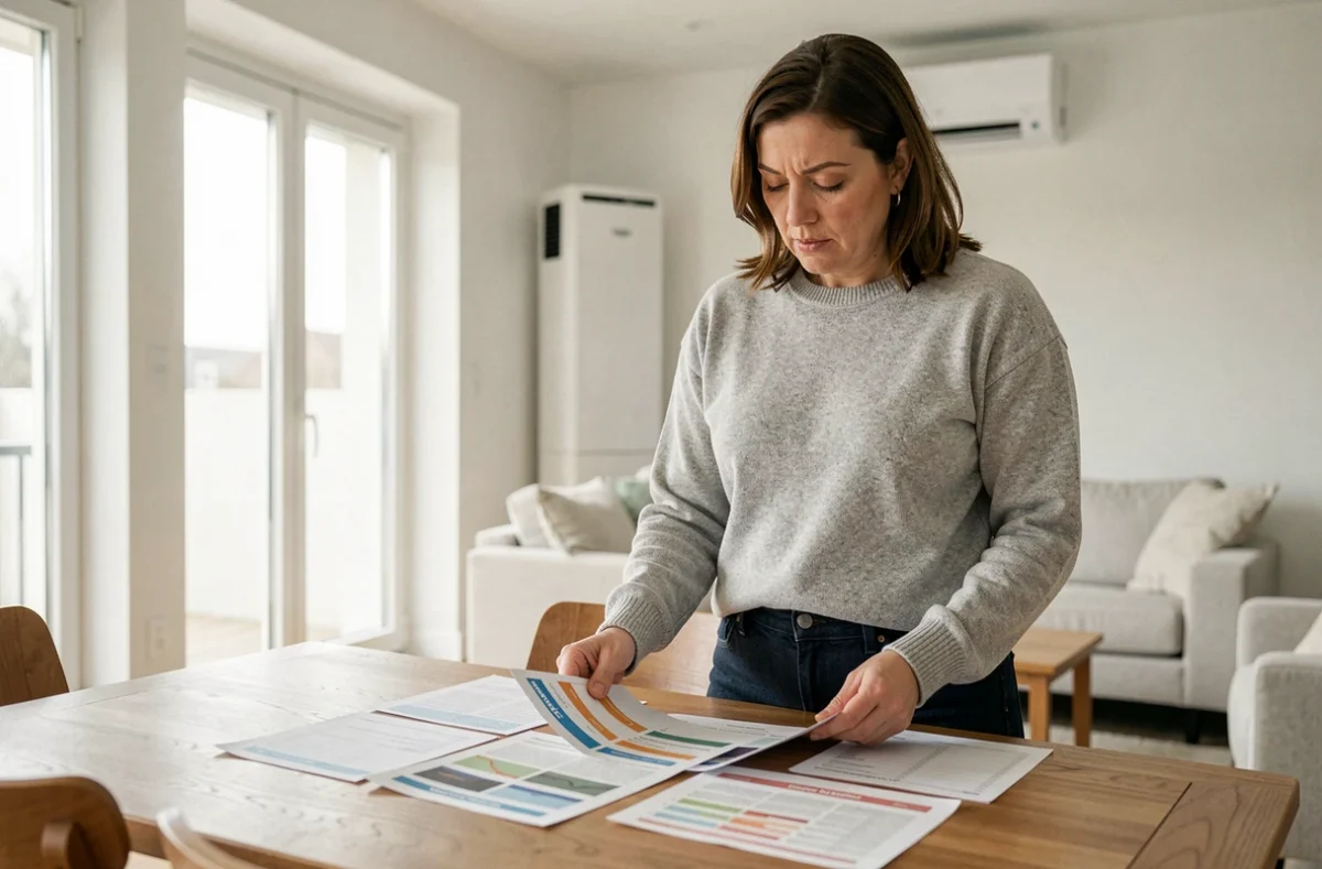Femme comparant des devis et brochures pour choisir une pompe à chaleur adaptée à son logement et son budget