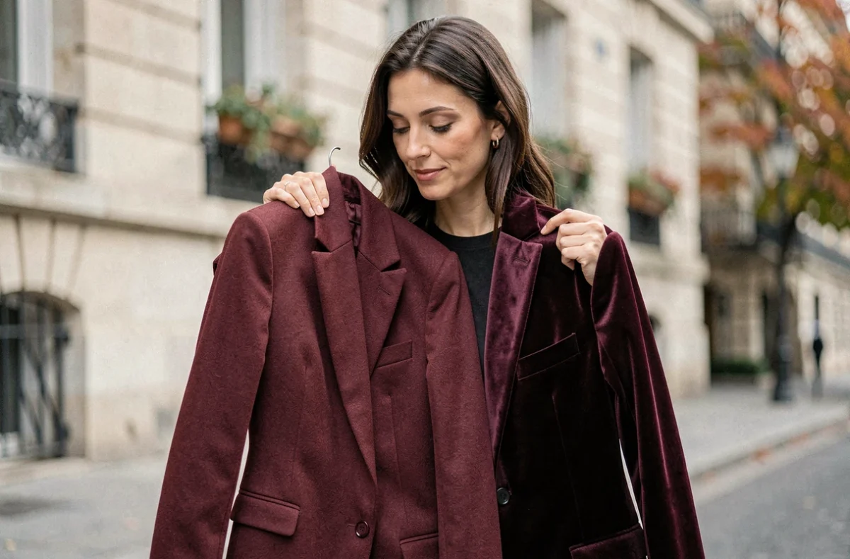 Femme comparant un blazer bordeaux et une veste velours bordeaux foncé dans une rue parisienne en automne