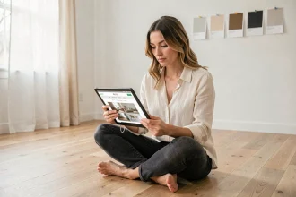 Femme consultant un site de décoration intérieure sur tablette avant d'acheter ses meubles dans un salon vide en cours d'aménagement