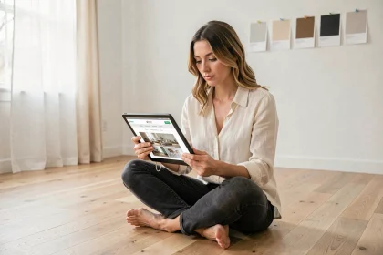 Femme consultant un site de décoration intérieure sur tablette avant d'acheter ses meubles dans un salon vide en cours d'aménagement