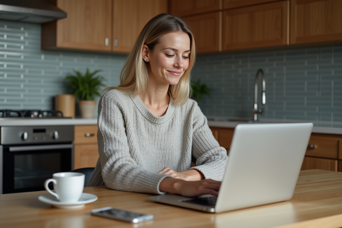 Femme assise à la cuisine avec ordinateur et smartphone
