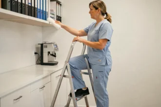Femme de ménage en uniforme bleu montant prudemment sur un escabeau dans une salle de pause de bureau pour nettoyer une étagère en hauteur