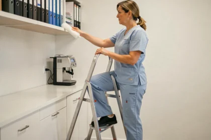 Femme de ménage en uniforme bleu montant prudemment sur un escabeau dans une salle de pause de bureau pour nettoyer une étagère en hauteur