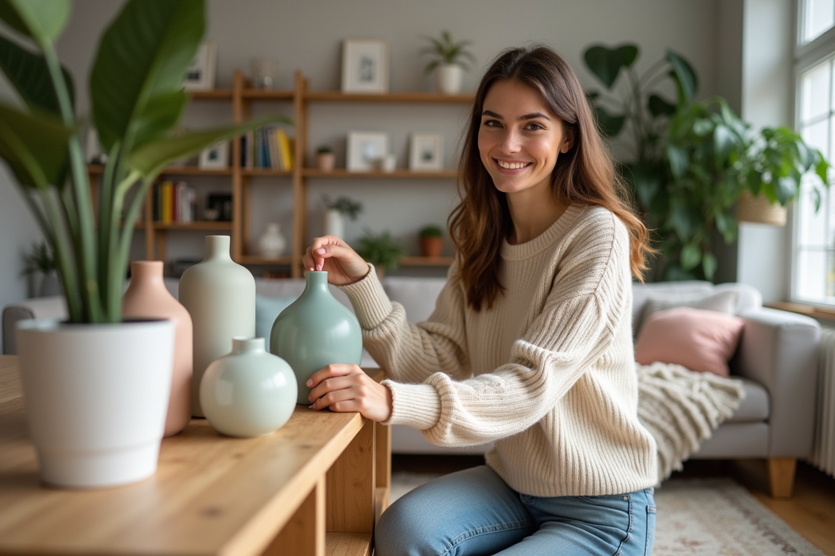 Jeune femme arrangeant des vases en céramique dans un salon cosy