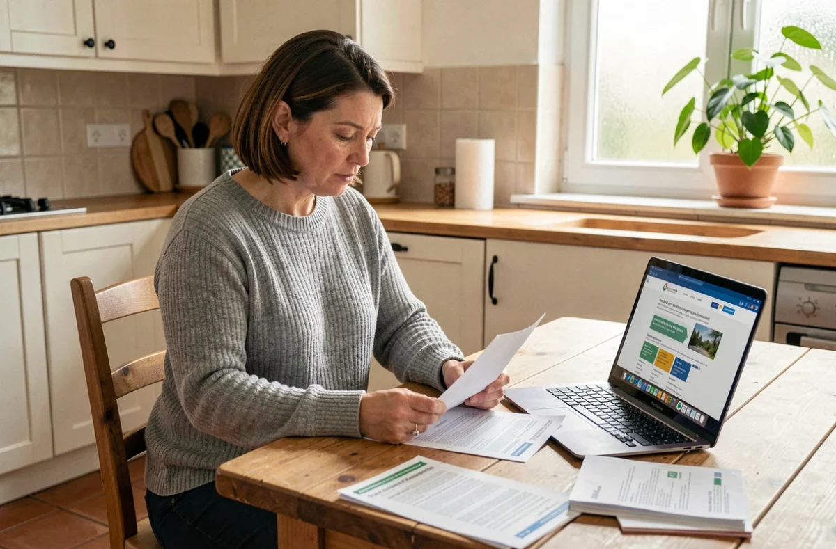 Femme consultant les documents de prime de rénovation pour une pompe à chaleur à la maison