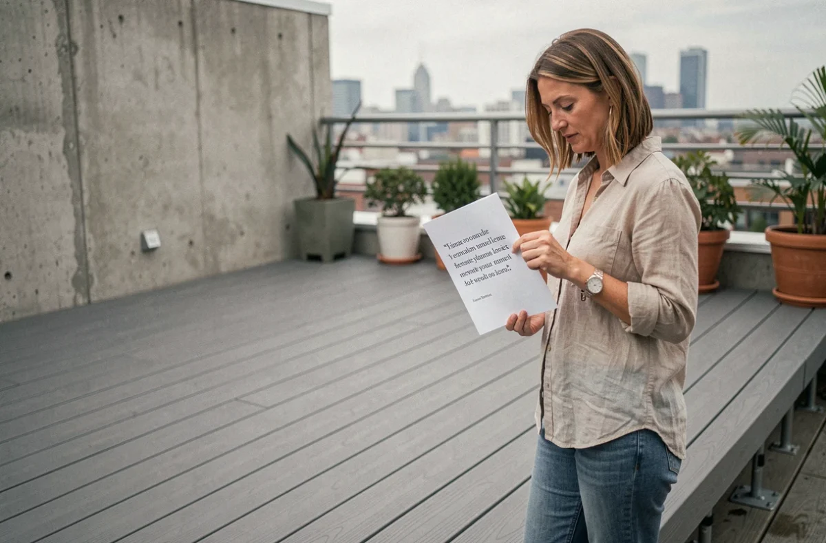 Femme évaluant le coût de sa terrasse sur plots en composite avec devis à la main, terrasse urbaine moderne