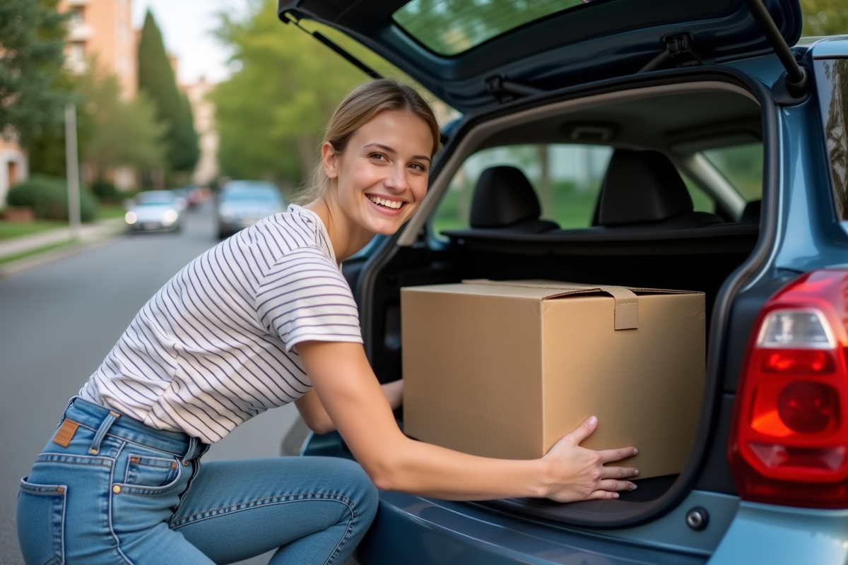 Jeune femme arrangeant des cartons dans une voiture en extérieur