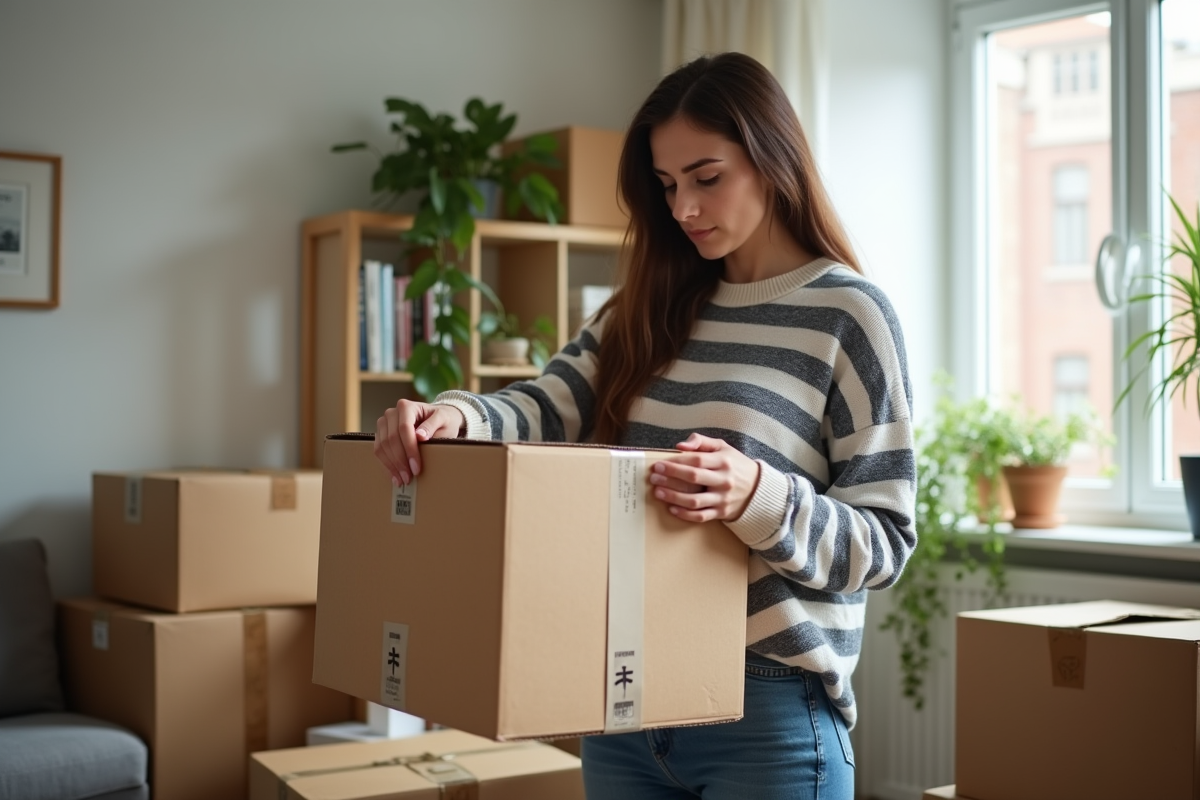 Jeune femme emballant un carton dans un salon organisé