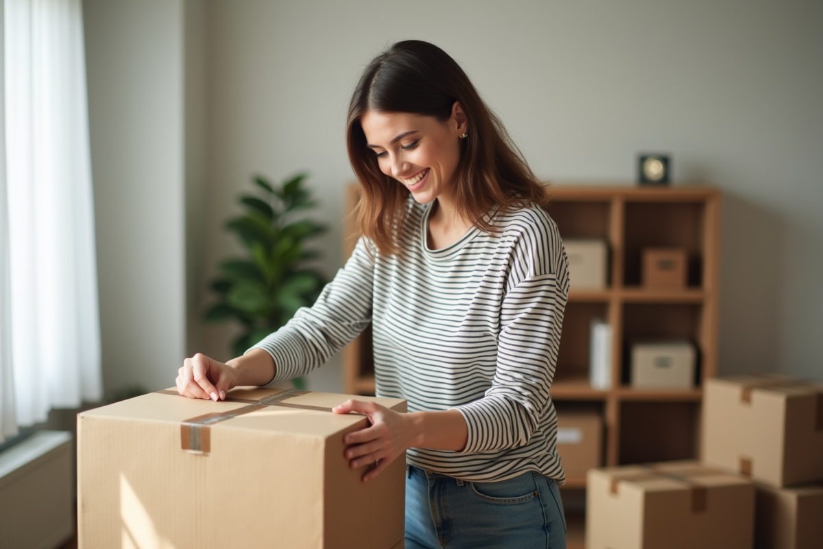 Femme souriante emballant une box de déménagement dans un salon lumineux