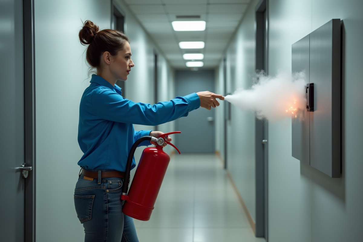 Femme d'âge moyen utilisant un extincteur dans un bureau moderne