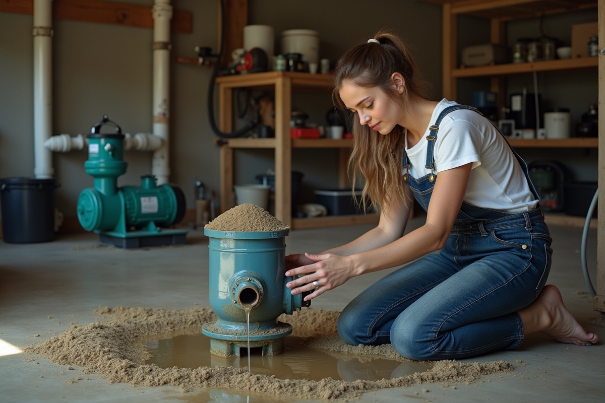 Jeune femme examinant un filtre à sable de piscine intérieur