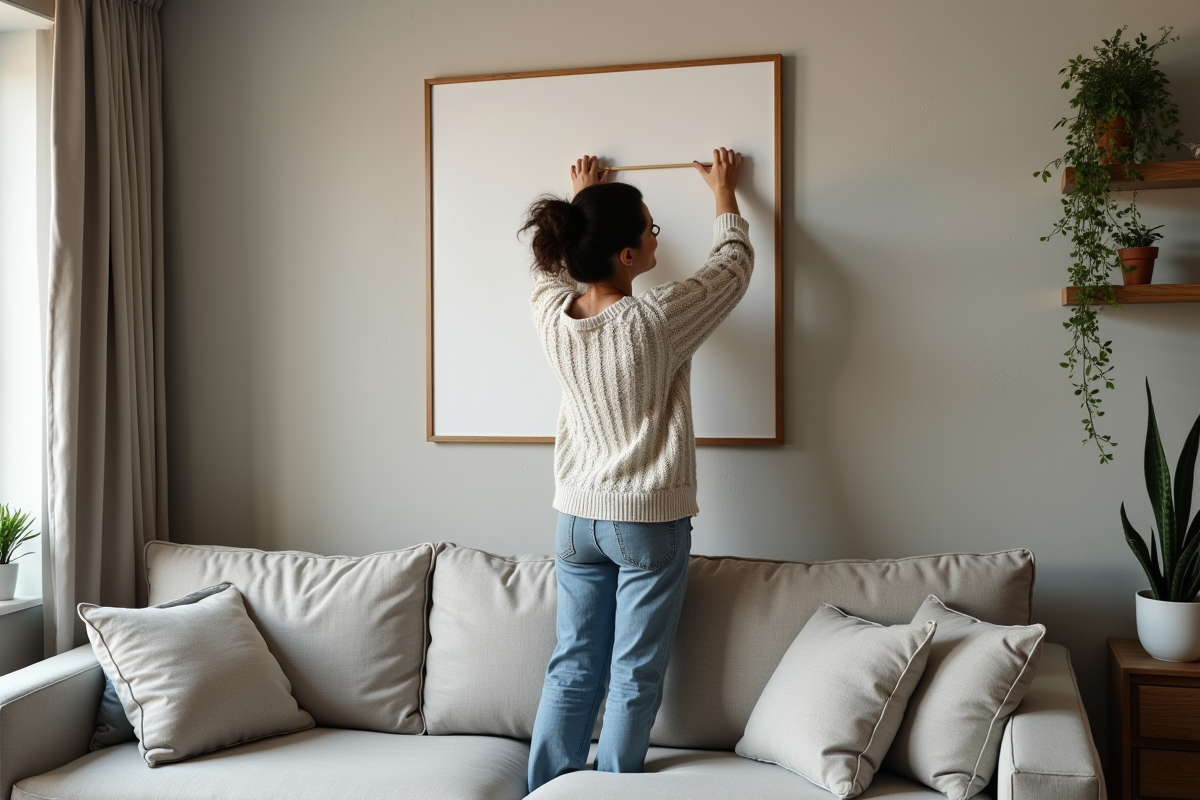 Femme mesurant la hauteur pour accrocher un tableau dans un salon moderne