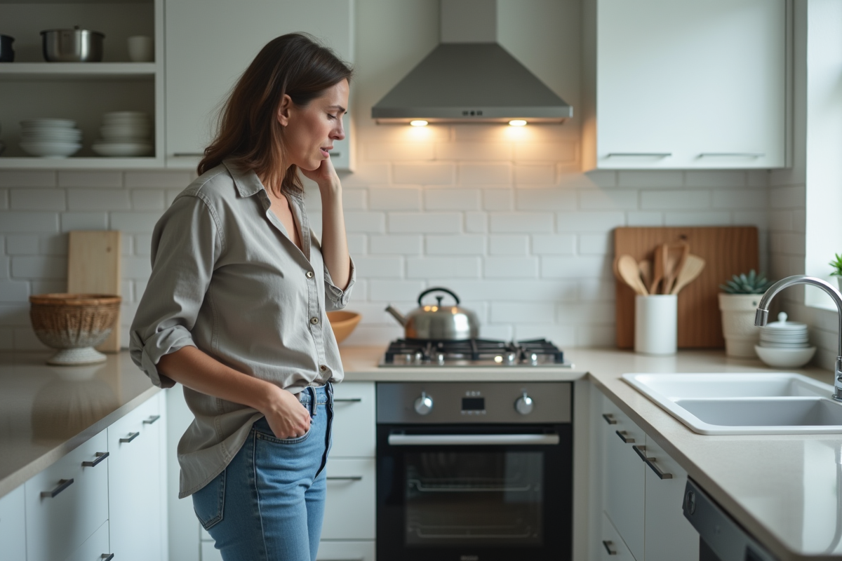 Femme inquiète dans la cuisine observant la fumée du lave-vaisselle