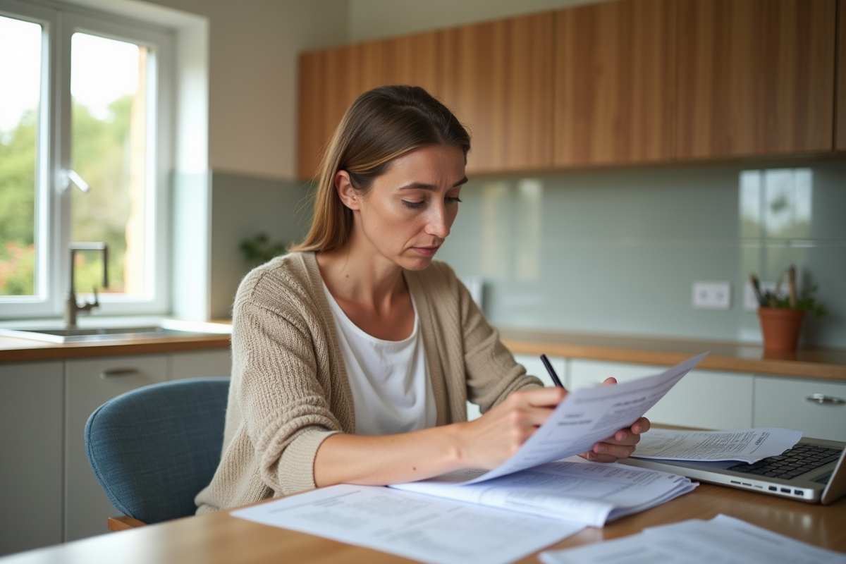 Femme examinant facture de renovation dans une cuisine chaleureuse