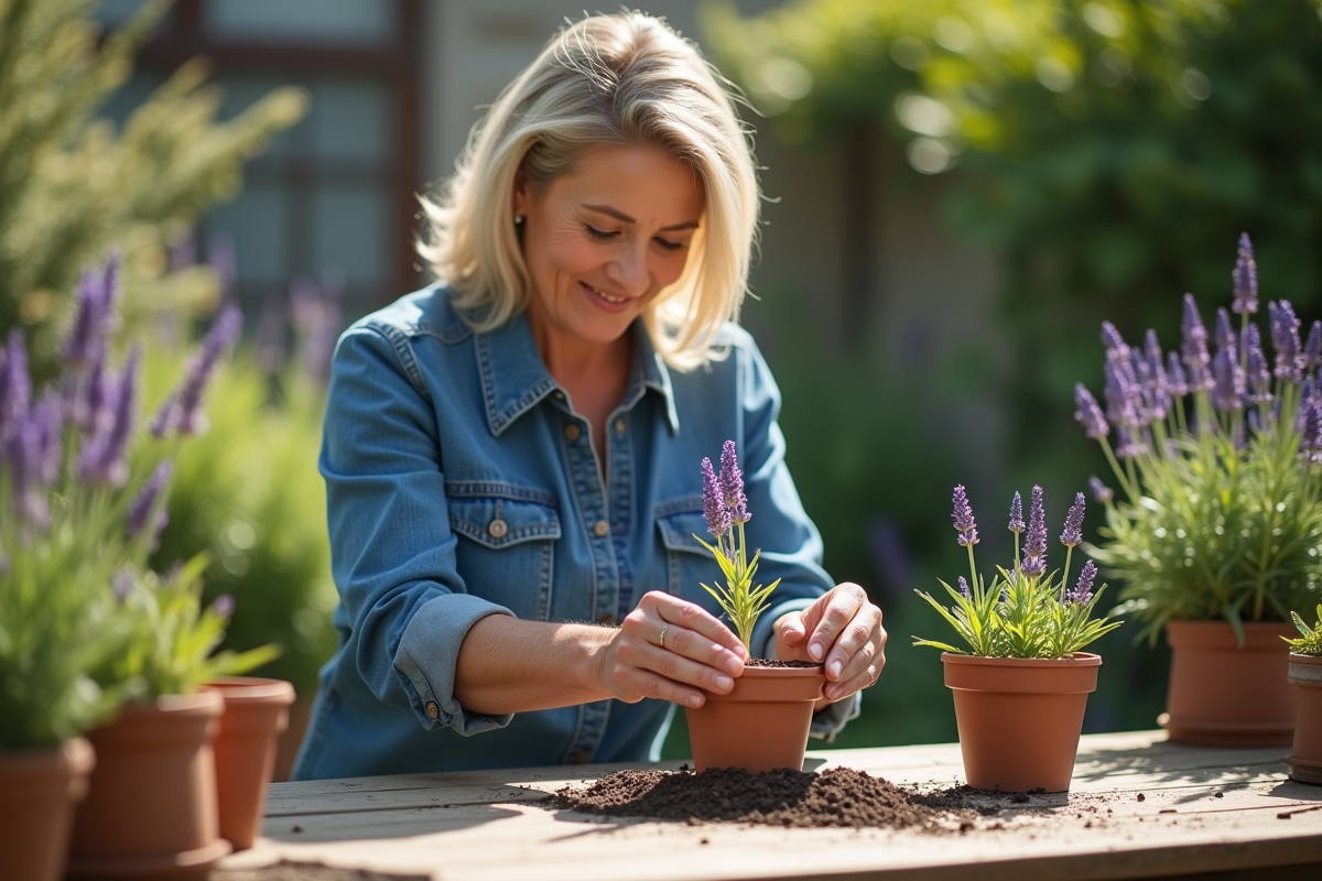 Femme en denim plantant de la lavande dans un pot en terre cuite