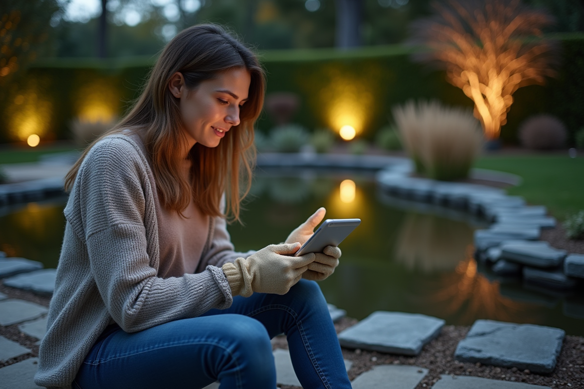 Jeune femme utilisant une tablette pour choisir l’éclairage LED dans le jardin