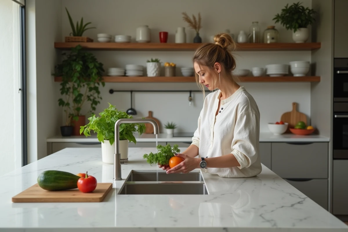 Femme lavant des légumes dans une cuisine moderne
