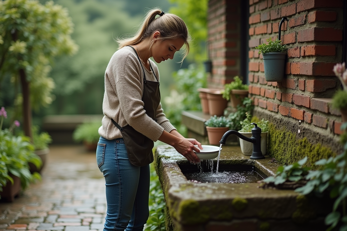 Femme en jeans et pull lavant la vaisselle à l'extérieur