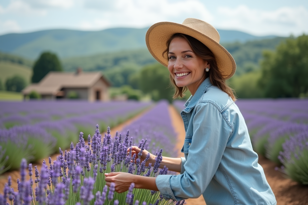 Femme en été cultivant la lavande dans un champ en fleurs