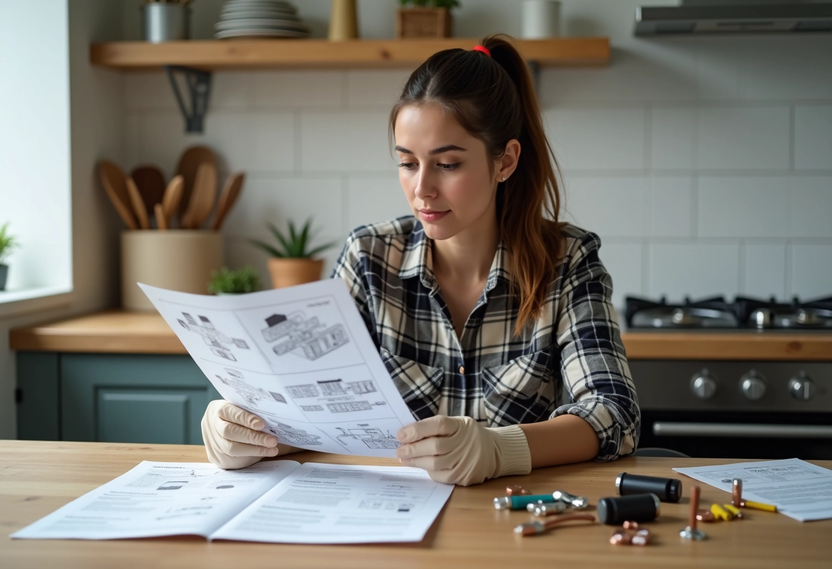 Jeune femme étudiant un guide électrique avec connecteurs dans la cuisine