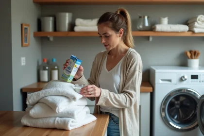 Femme examinant du linge blanc avec bicarbonate dans la buanderie