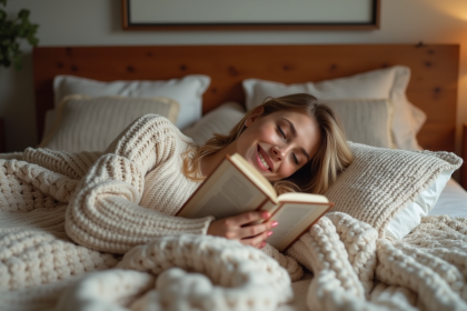 Femme détendue lisant dans un lit douillet avec ambiance chaleureuse